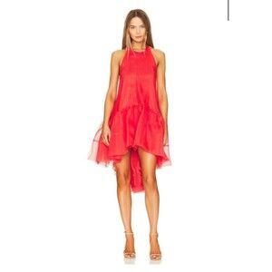 NWT Azeeza Winnie Dress Size L Silk Halter High-Low Papaya Coral Red